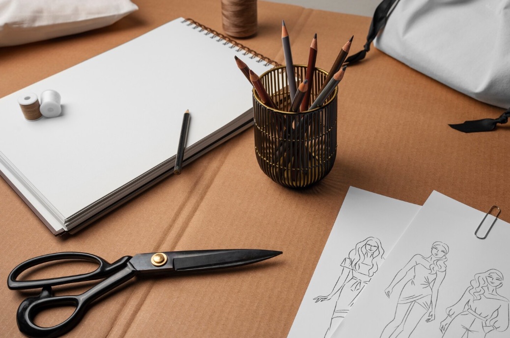 Tavolo da modellista con cartamodelli e strumenti di disegno tecnico